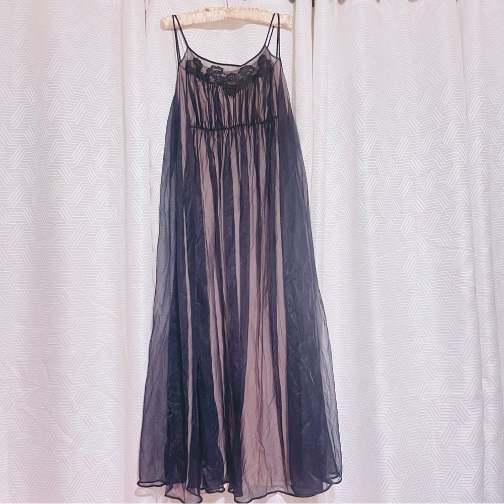 Vintage Black and Blush Mesh Overlay Maxi Length Slip Dress/Nightgown/Negligee